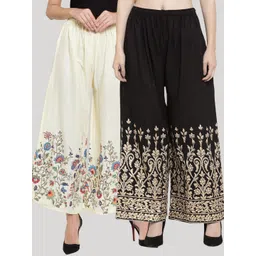Clora Creation Women Off White & Black Pack Of 2 Floral Printed Knitted Palazzos-picture-37