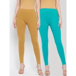 Clora Creation Women Pack Of 2 Beige & Sea Green Solid Cotton Ankle-Length Leggings-picture-25
