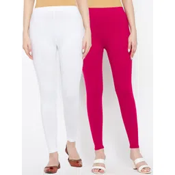 Clora Creation Women Pack of 2 Magenta & White Solid Ankle Length Leggings-picture-37