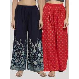Clora Creation Women Pack Of 2 Navy Blue & Red Printed Knitted Palazzos image 1