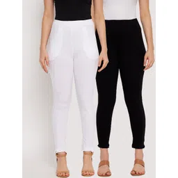 Clora Creation Women Pack Of 2 White & Black Solid Ankle-Length Pure Cotton Leggings-picture-18
