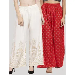 Clora Creation Women Pack Of 2 White & Red Floral Printed Knitted Ethnic Palazzos-picture-38