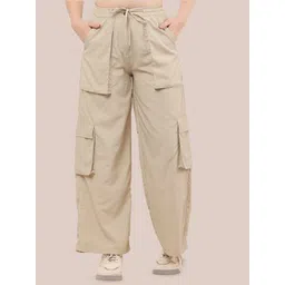 CLOTHINK INDIA Women Relaxed High-Rise Flared Cotton Cargos-picture-37