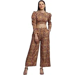 clothink india Women's Ethnic Co-ord Set | Printed Crop Top with Full Sleeves & Back Tie with Matching High-Waist Flared Pants | Festive & Casual Two-Piece Outfit for Travel, Brunch-picture-14
