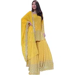 clothlemon Women's Georgette Garara Suit | Fancy Embroidered Sahara Plazzo Style Dress Material-picture-16