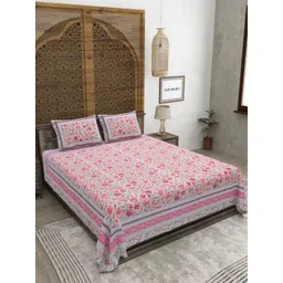 CLOTHOLOGY Pink & Blue Floral 180 TC King Bedsheet with 2 Pillow Covers-picture-35