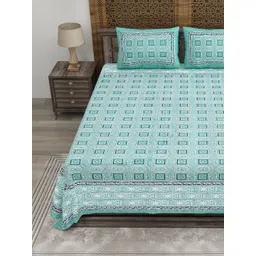 CLOTHOLOGY Turquoise Blue Geometric 180 TC King Bedsheet with 2 Pillow Covers-picture-16