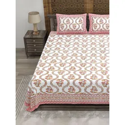 CLOTHOLOGY White & Orange Floral 180 TC King Bedsheet with 2 Pillow Covers-picture-1