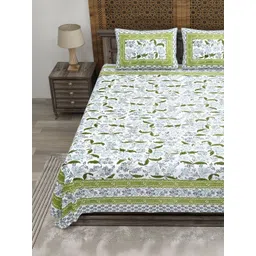 CLOTHOLOGY White & Sea Green Floral 180 TC Bedsheet with 2 Pillow Covers-picture-9