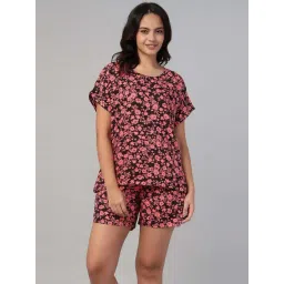 Clovia Black Regular Fit Floral Print Night Suit-picture-43