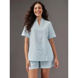 Clovia Blue Cotton Comfort Fit Stripes Night Suit-picture-17