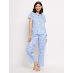 Clovia Blue Cotton Floral Print Shirt Pyjamas Set-picture-30