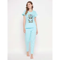 Clovia Blue Cotton Printed Top Pyjamas Set-picture-19