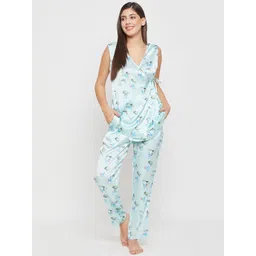 Clovia Blue Floral Printed Satin Night Suit-image-49