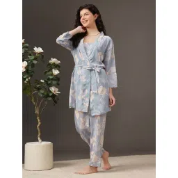 Clovia Blue Satin Comfort Fit Floral Print Night Suit With Robe-picture-29