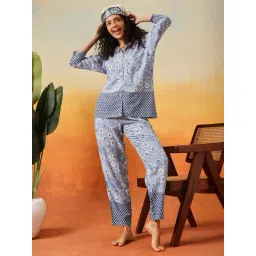 Clovia Blue Shirt Collar Floral Night Suit Set-image-29