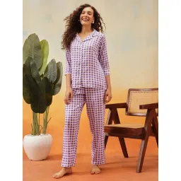 Clovia Classy Checks Button Me Up Shirt & Pyjama Set in White - Cotton Rich-picture-12