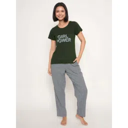 Clovia Green & Grey Cotton Regular Fit Printed Top & Pyjama Set-picture-39