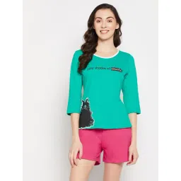 Clovia Green & Pink Printed Top With Shorts-picture-19