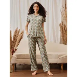 Clovia Green Cotton Regular Fit Floral Print Night Suit-picture-30