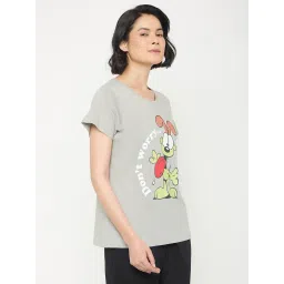 Clovia Grey Cotton Printed T-Shirt image 3
