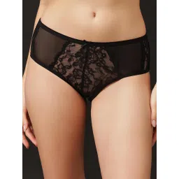Clovia Lace Mid Waist Hipster Panty With Powernet Side Panels And Bow Black-image-10