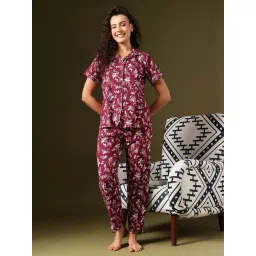 Clovia Maroon Cotton Comfort Fit Floral Print Night Suit-picture-29