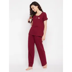 Clovia Maroon Cotton Regular Fit Top With Pyjamas-picture-19
