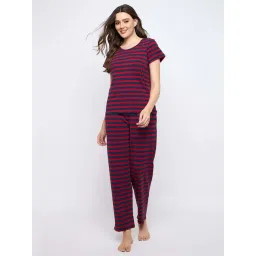 Clovia Maroon Cotton Relaxed Fit Striped Pyjama Sets-picture-25