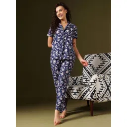 Clovia Navy Blue Cotton Comfort Fit Floral Print Night Suit-picture-21