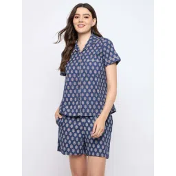 Clovia Navy Blue Cotton Relaxed Fit Floral Print Short Sets-picture-32