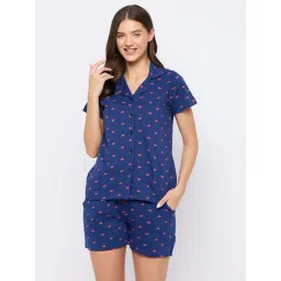 Clovia Navy Cotton Printed Shirt & Shorts Set-picture-42