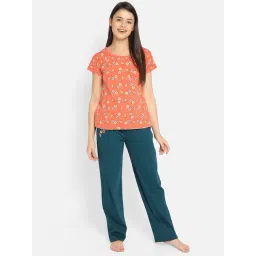 Clovia Orange & Teal Printed T-Shirt With Pyjamas-picture-16