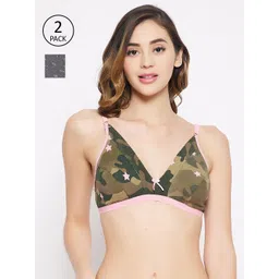 Clovia Pack Of 2 Olive Green & Beige Printed Cotton Bra-image-20