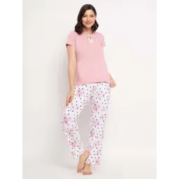 Clovia Peach & White Cotton Polka Dots Top Pyjamas Set-picture-43