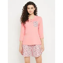 Clovia Pink Cotton Printed Top Shorts Set-picture-20