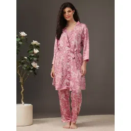 Clovia Pink Satin Comfort Fit Floral Print Night Suit With Robe-picture-14