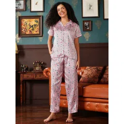 Clovia Pink Satin Regular Fit Floral Print Night Suit image 1