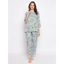 Clovia Powder Blue Floral Print Peplum Top With Pyjamas-picture-37