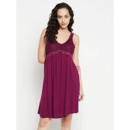 Clovia Purple Cotton Lace Work Night Dress image 1