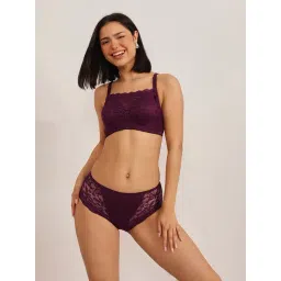 Clovia Purple Padded Non-Wired Full Coverage Multiway Bandeau Bra And Mid Waist Hipster Panty With Lace Inserts-image-19
