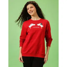 Clovia Red Cotton Regular Fit Printed Sweatshirt-picture-21