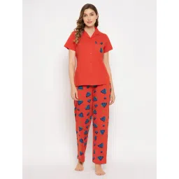 Clovia Red Printed Cotton Shirt With Pyjamas-picture-27