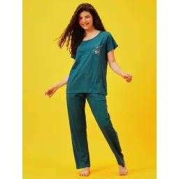 Clovia Teal Cotton Comfort Fit Printed Night Suit-picture-22