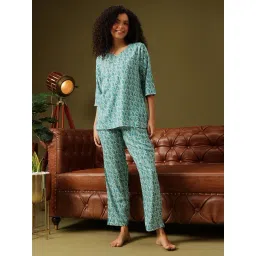 Clovia Teal Relaxed Fit Printed Pyjama Sets-picture-17