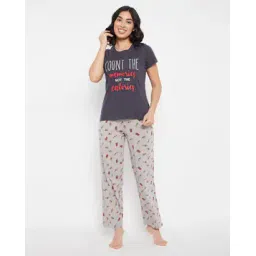 clovia Typographic Print  Knitted Top & Pyjama Nightwaer Set-picture-16