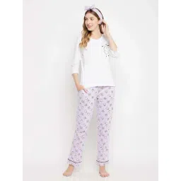 Clovia White Cotton Regular Fit Printed Top & Pyjama Set-picture-24