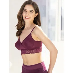 Clovia Wine Cotton Lace Full Coverage Bralette Bra-picture-10