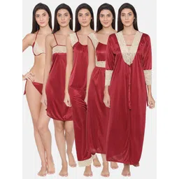 Clovia Women 7-Piece Satin Solid Nightdress-picture-17