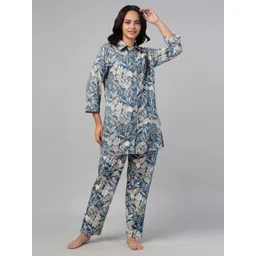 Clovia Women Blue Floral Print Rayon Nightwear Shirt & Pyjamas Set-picture-35